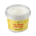 A 200g tub of Woof Puth 'Ice Cream for Dogs' in the Banana & Cinnamon flavor, featuring a yellow label and a swirl of white dog treat cream visible through a clear plastic container.