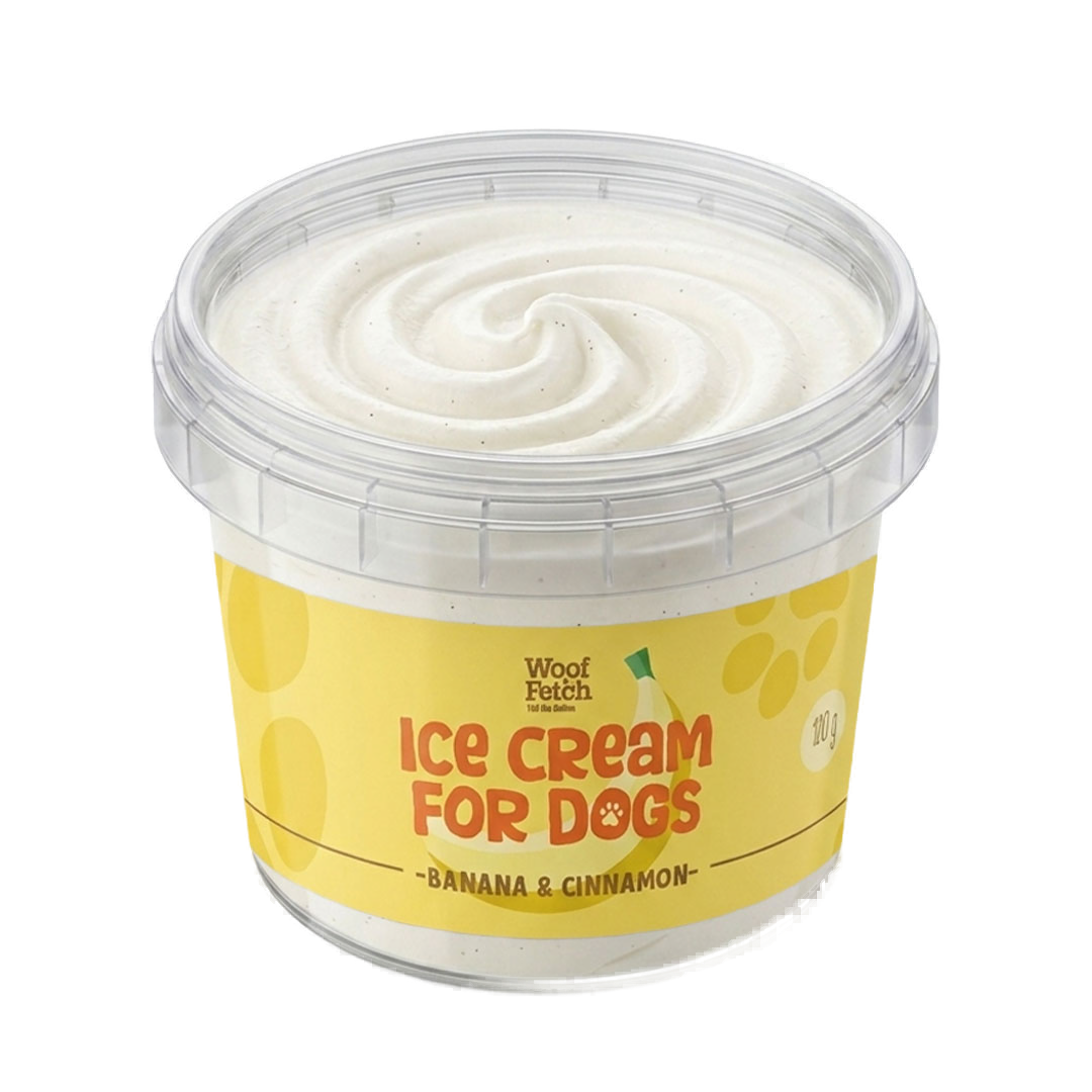 A 200g tub of Woof Puth 'Ice Cream for Dogs' in the Banana & Cinnamon flavor, featuring a yellow label and a swirl of white dog treat cream visible through a clear plastic container.