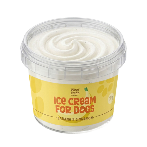 A 200g tub of Woof Puth 'Ice Cream for Dogs' in the Banana & Cinnamon flavor, featuring a yellow label and a swirl of white dog treat cream visible through a clear plastic container.