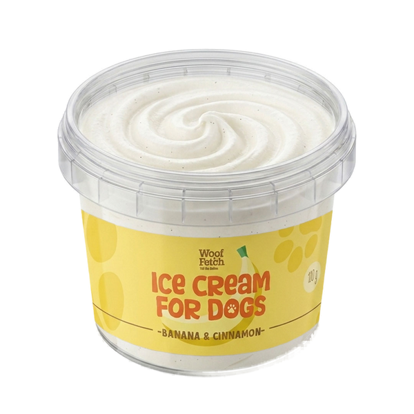 A 200g tub of Woof Puth 'Ice Cream for Dogs' in the Banana & Cinnamon flavor, featuring a yellow label and a swirl of white dog treat cream visible through a clear plastic container.