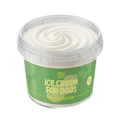 A clear plastic tub of Woof Toots Ice Cream for Dogs in Peanut Butter flavor, showing the white ice cream inside with a green label and clear lid, on a white background.