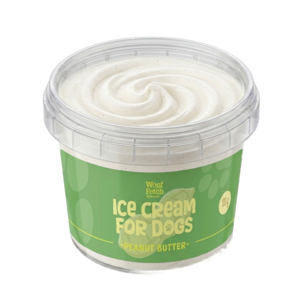 A clear plastic tub of Woof Toots Ice Cream for Dogs in Peanut Butter flavor, showing the white ice cream inside with a green label and clear lid, on a white background.